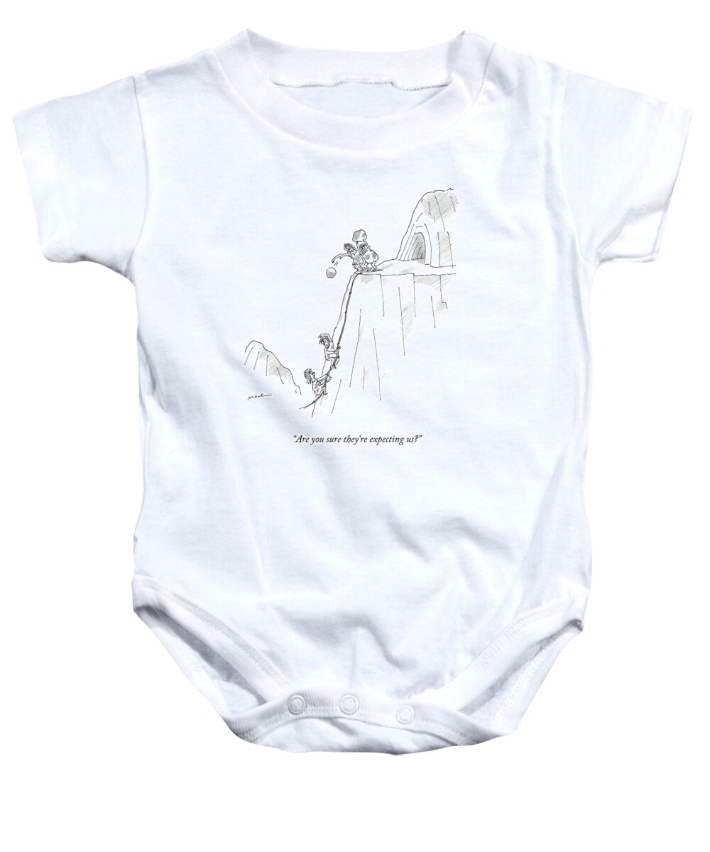 Dinner Parties Baby Onesie featuring the drawing A Caveman And Woman Climb Up A Cliff by Michael Maslin
