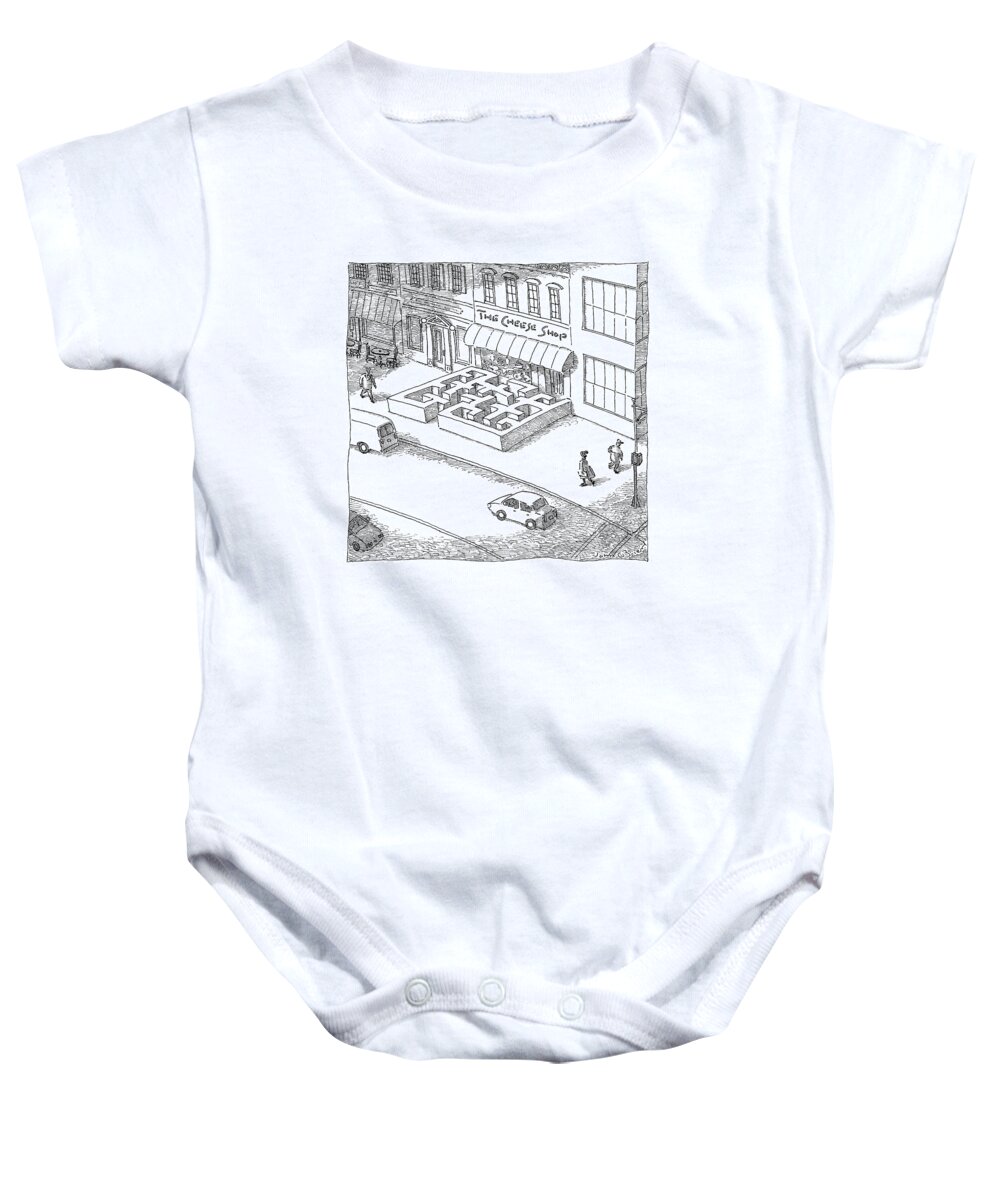 Captionless Mouse Maze Baby Onesie featuring the drawing A Cheese Shop Has The Exterior Of A Mouse Maze by John O'Brien