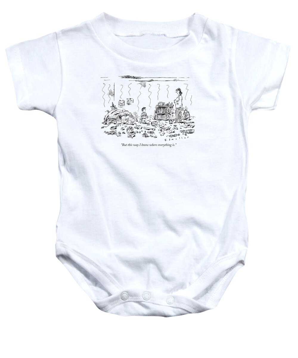 Child-rearing Baby Onesie featuring the drawing A Child And Mother Discussing A Very Messy Room by Barbara Smaller