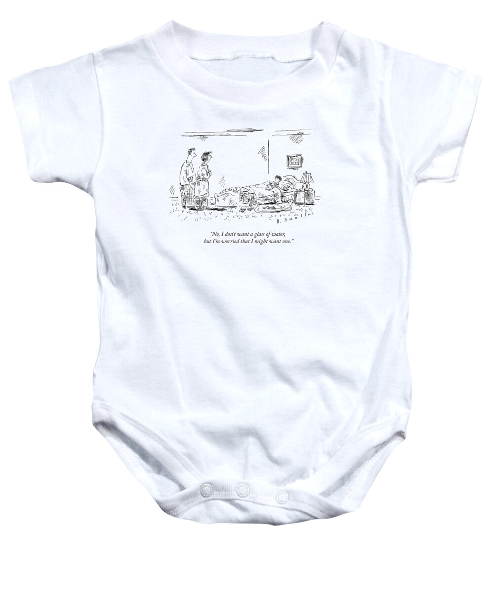 Bedtime Baby Onesie featuring the drawing A Child Going To Bed Speaks To His Parents by Barbara Smaller