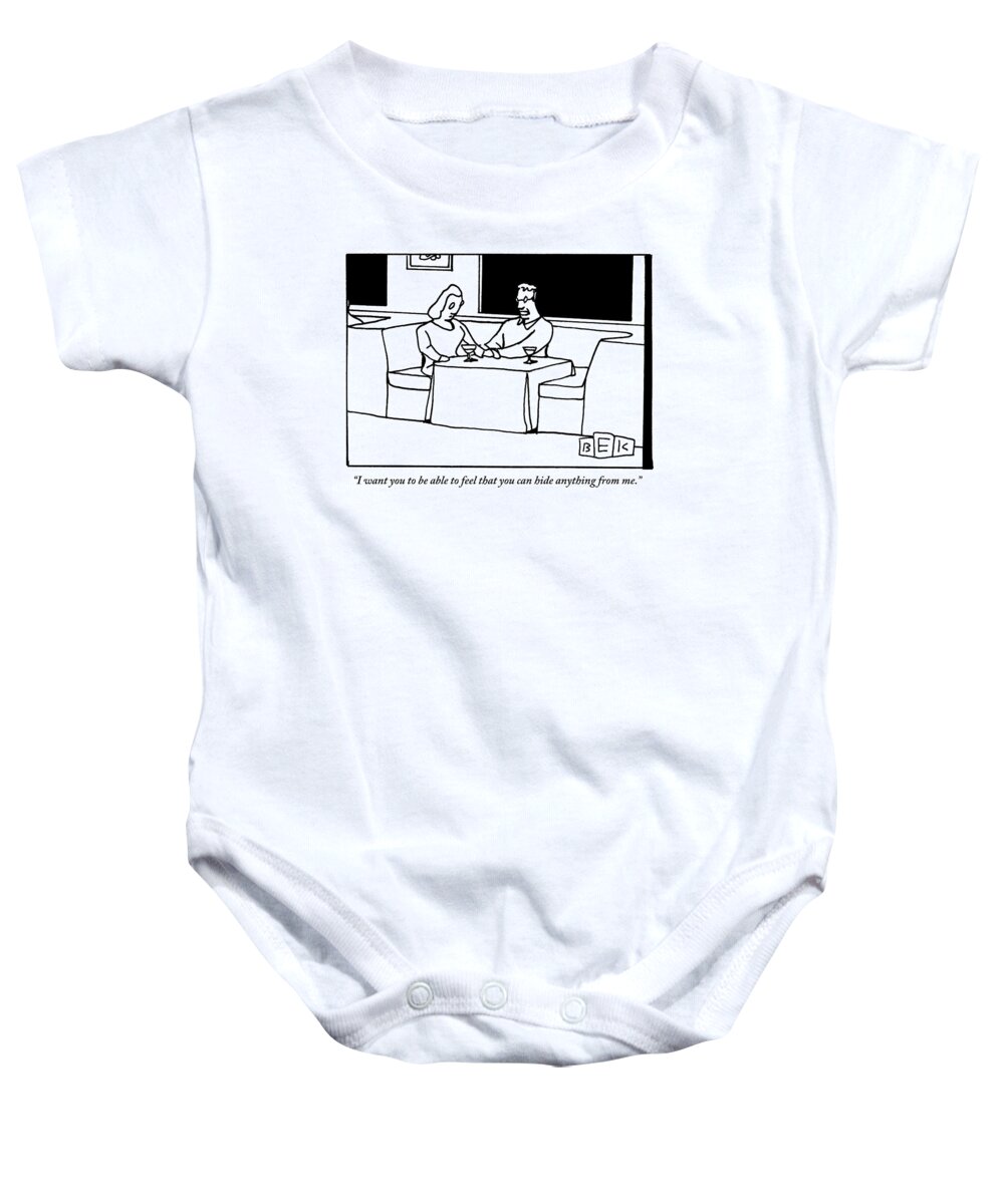 Secrets Baby Onesie featuring the drawing A Couple Hold Hands On Top Of The Table by Bruce Eric Kaplan