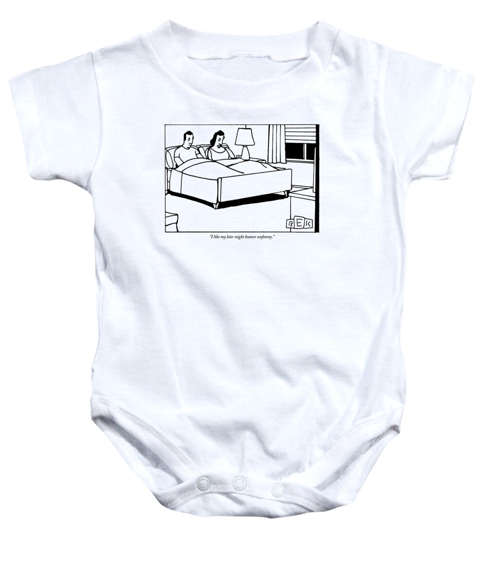 Late-night Baby Onesie featuring the drawing A Couple Sits Upright In Bed by Bruce Eric Kaplan