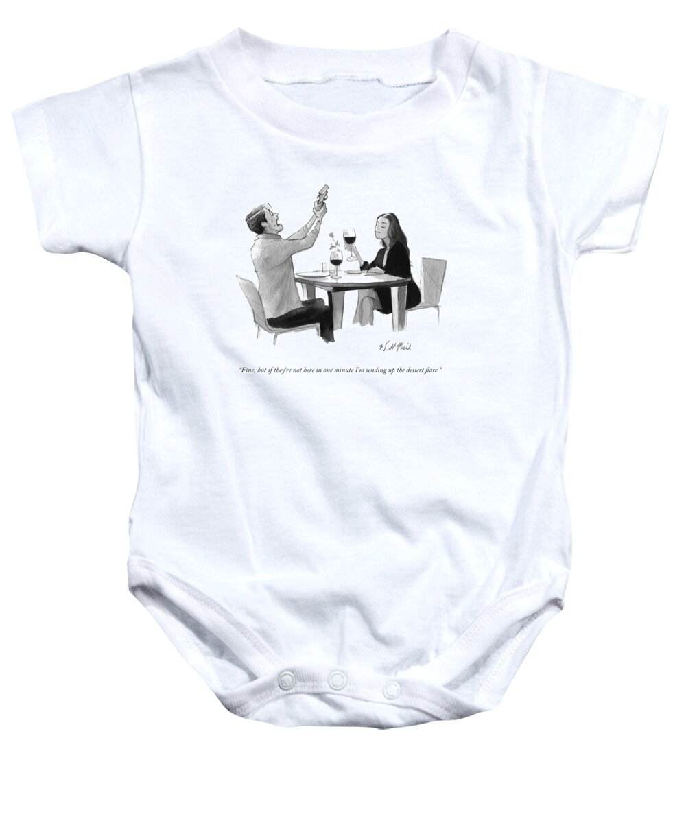 Restaurant Baby Onesie featuring the drawing A Couple Waiting At A Restaurant Table by Will McPhail
