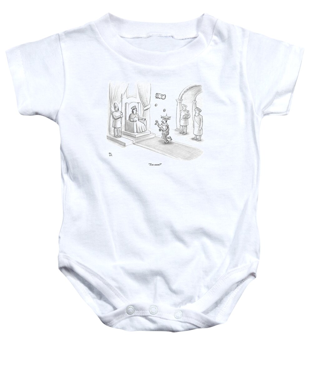Royalty Baby Onesie featuring the drawing A Court Jester Juggles Balls And The Head by Paul Noth