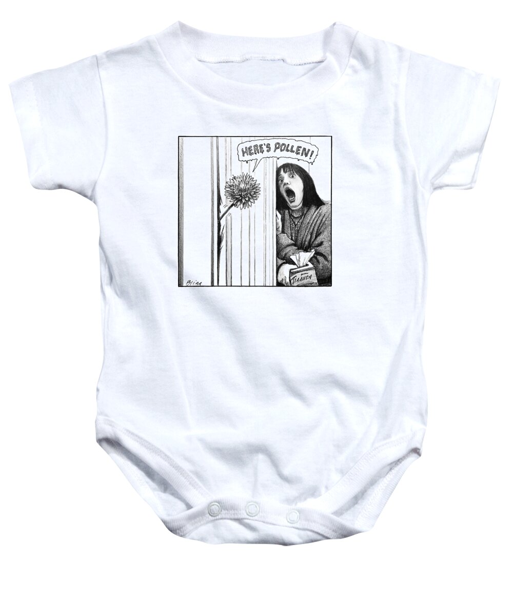 Captionless Pollen Baby Onesie featuring the drawing A Dandelion Pokes Into A Door by Harry Bliss