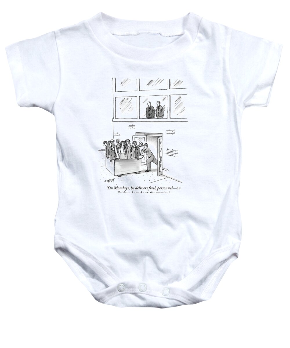 Workers Baby Onesie featuring the drawing A Delivery Man Pushes A Cart Full Of Zombie-like by Tom Cheney