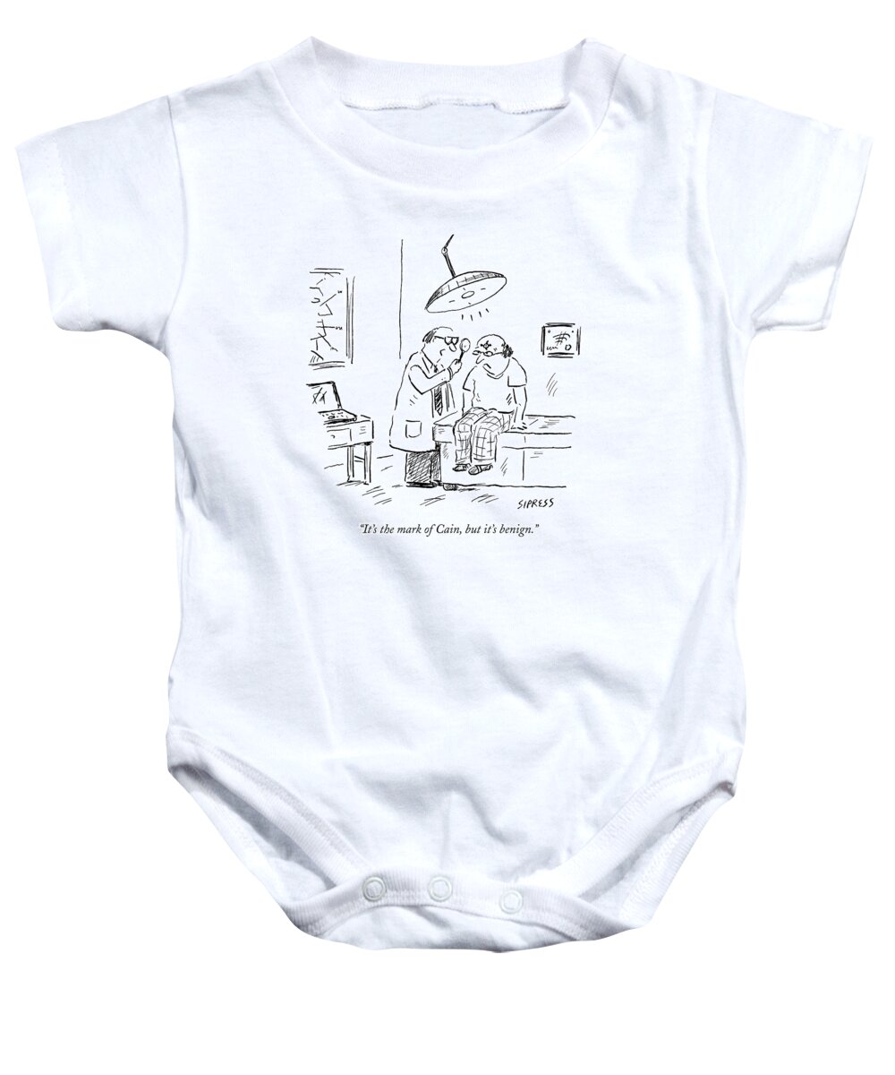 Bible Baby Onesie featuring the drawing A Doctor Examines A Satanic Mark On A Patient's by David Sipress