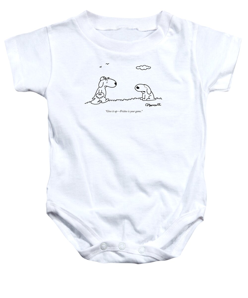 Dogs Baby Onesie featuring the drawing A Dog Talks To Another Dog Wearing Baseball Gear by Charles Barsotti