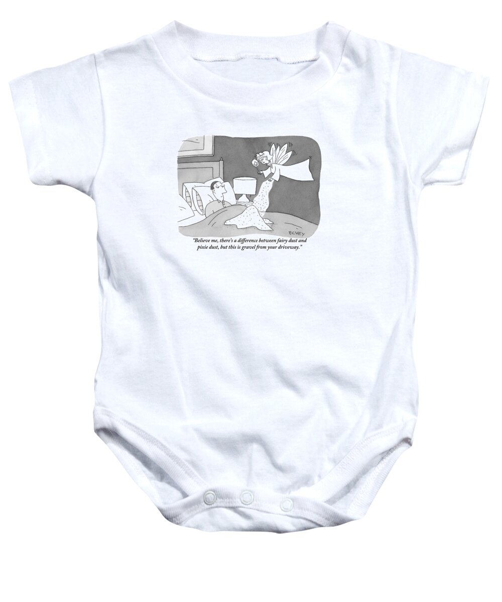 Fairies Baby Onesie featuring the drawing A Fairy Is Seen Sprinkling Gravel Onto A Man's by Peter C. Vey