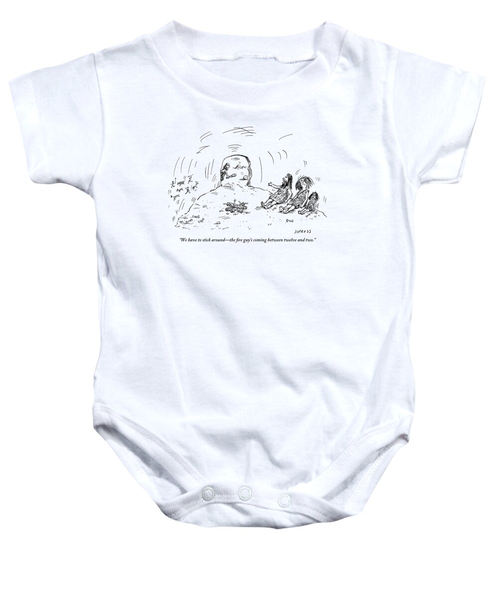 Cavemen Baby Onesie featuring the drawing A Family Of Cave People Are Sitting In Their Cave by David Sipress