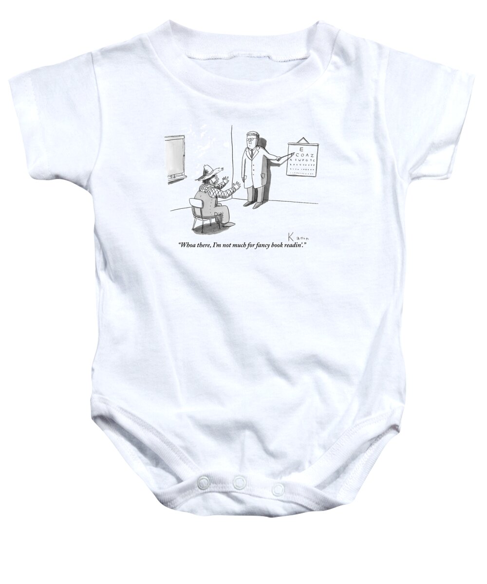 Optometrist Baby Onesie featuring the drawing A Farmer Objects To A Doctor's Eye Exam Letter by Zachary Kanin