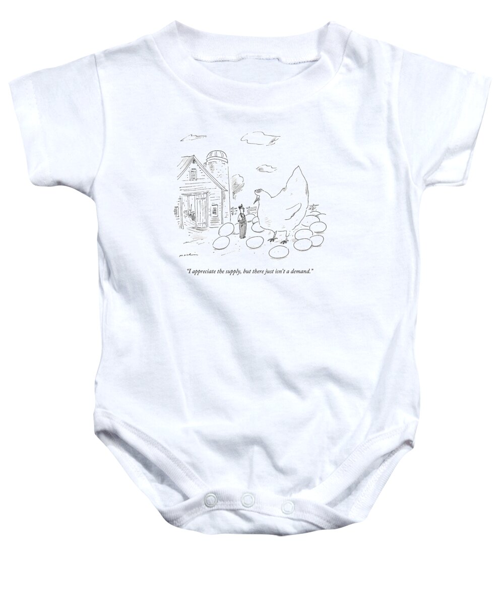 Eggs Baby Onesie featuring the drawing A Farmer Says To An Enormous Hen Surrounded by Michael Maslin