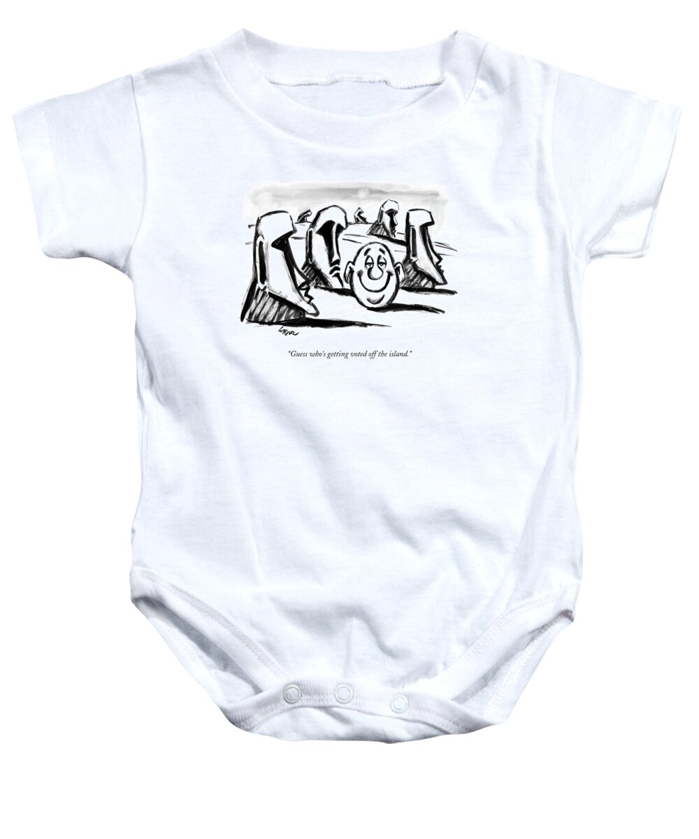 Easter Island Baby Onesie featuring the drawing A Fat Man's Head Joins The Heads On Easter Island by Lee Lorenz