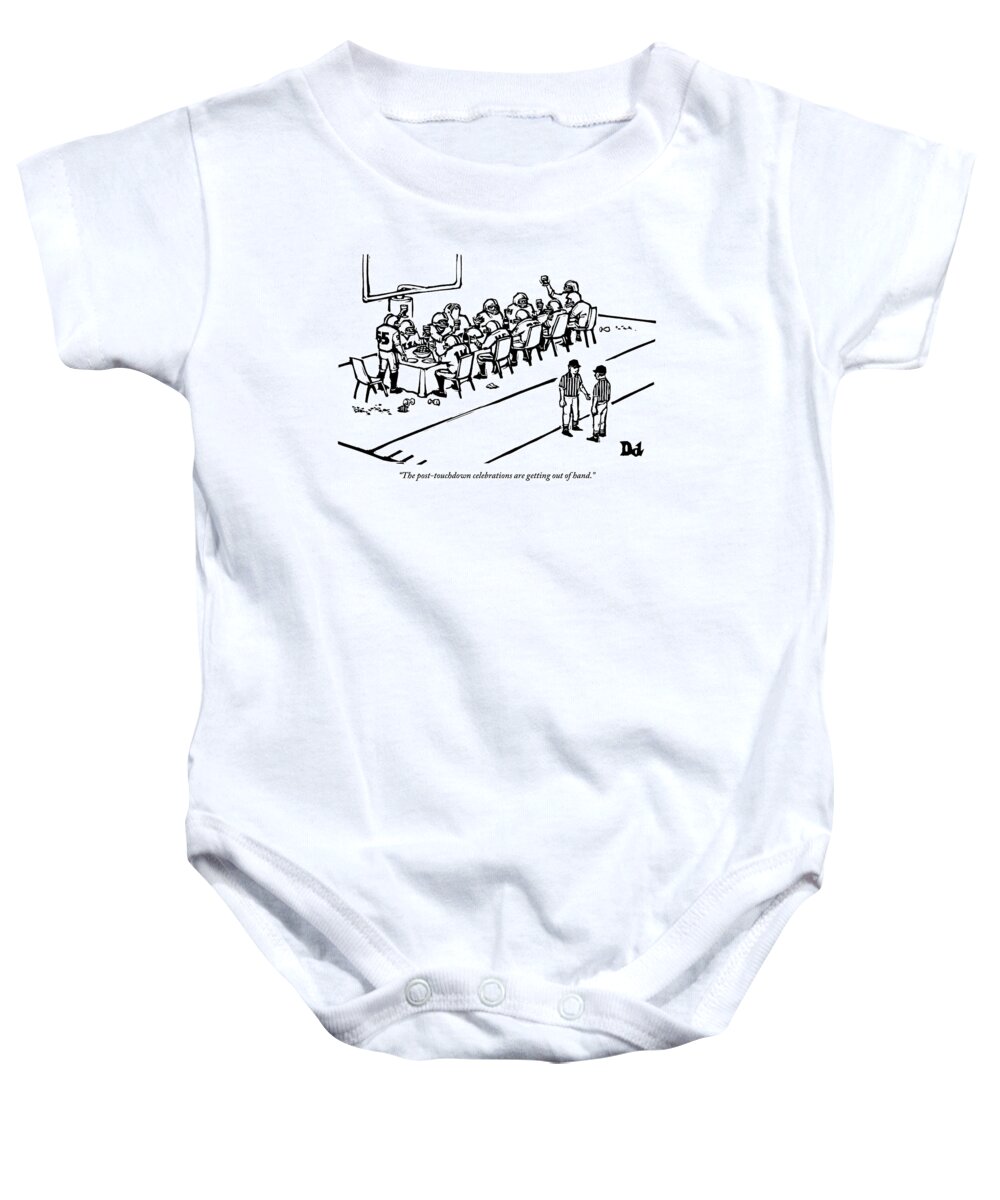 Football Baby Onesie featuring the drawing A Football Team Enjoys A Seated Dinner With Wine by Drew Dernavich