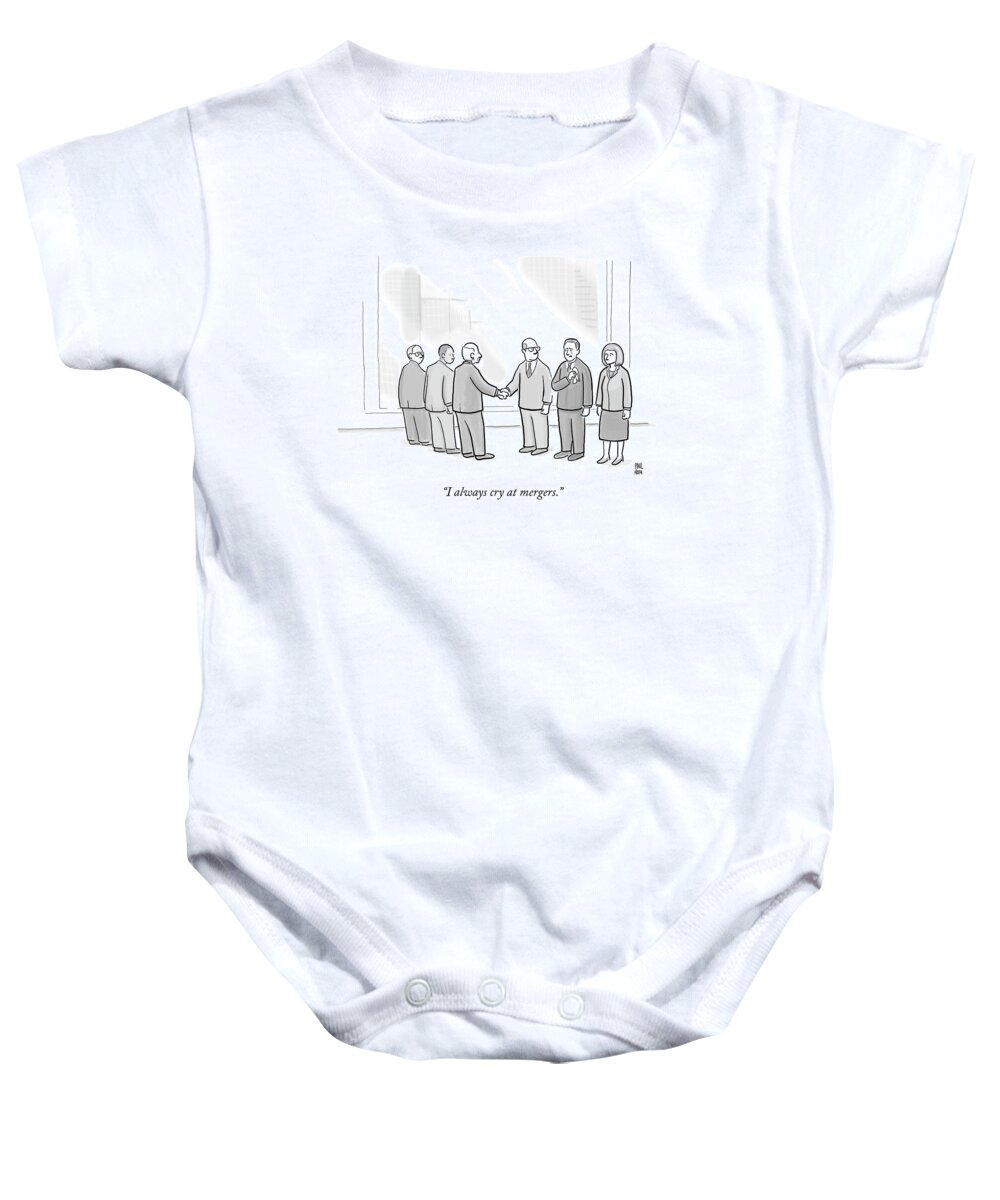 Business Baby Onesie featuring the drawing A Group Of People In A Boardroom Watch As Two Men by Paul Noth