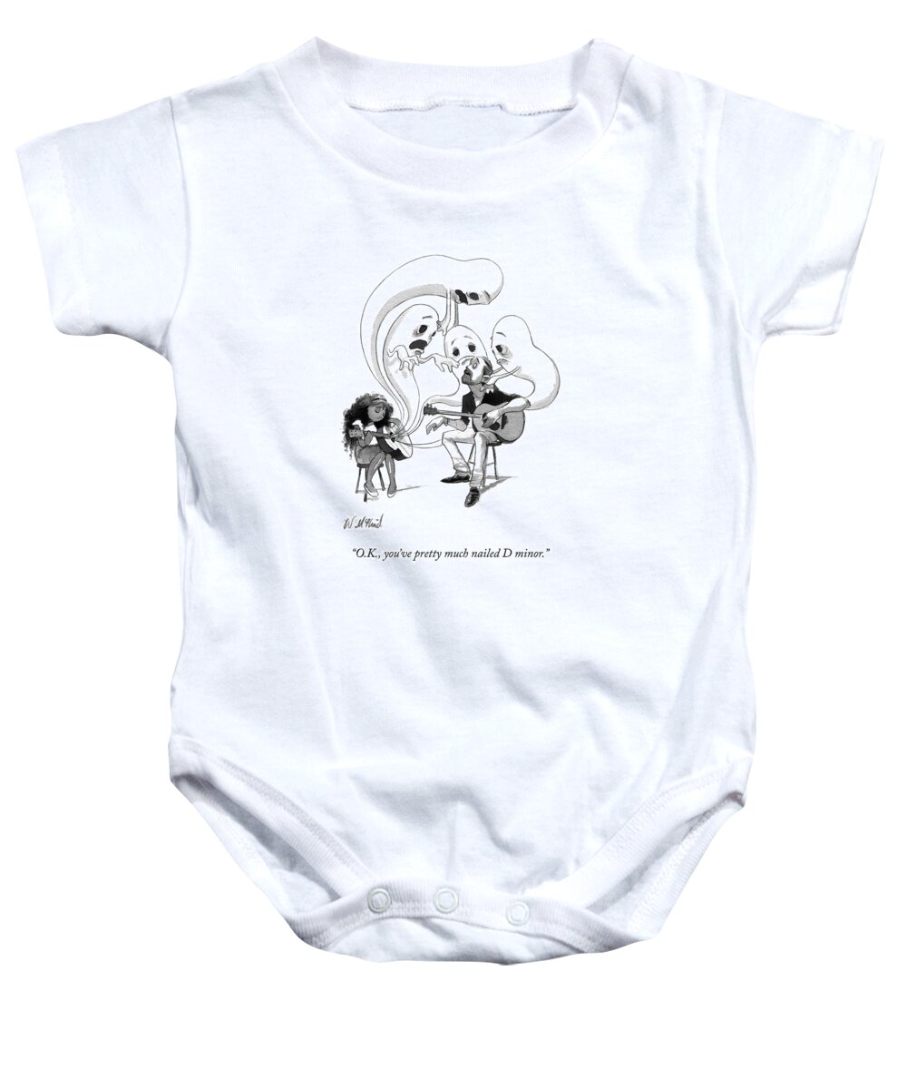 Guitar Lesson Baby Onesie featuring the drawing A Guitar Teacher Speaks To His Student by Will McPhail