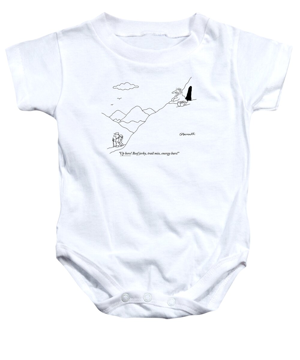 Gurus Baby Onesie featuring the drawing A Guru Is Seen Calling Out To A Hiker Walking by Charles Barsotti