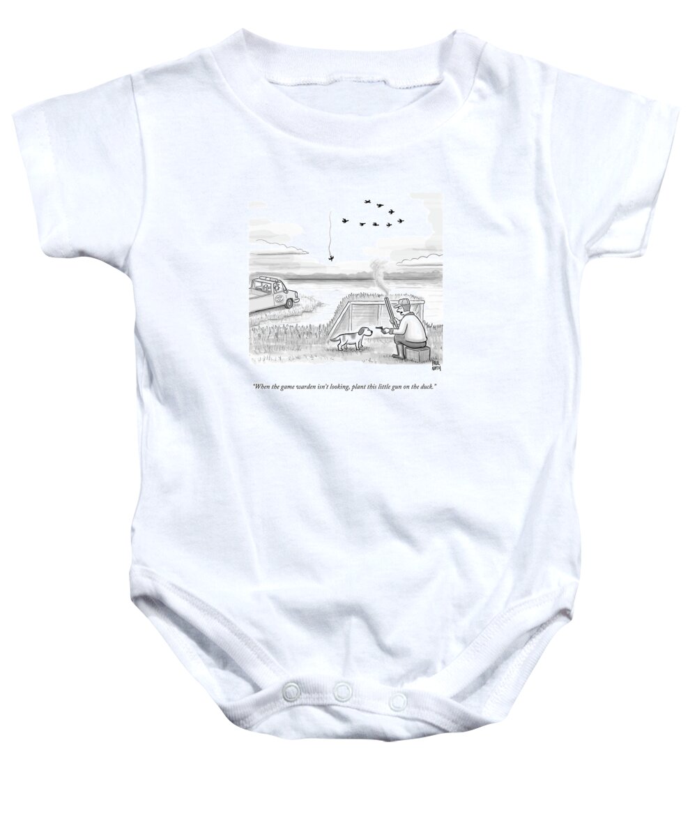 Hunter Baby Onesie featuring the drawing A Hunter Speaks To A Dog. He Holds A Small Gun by Paul Noth