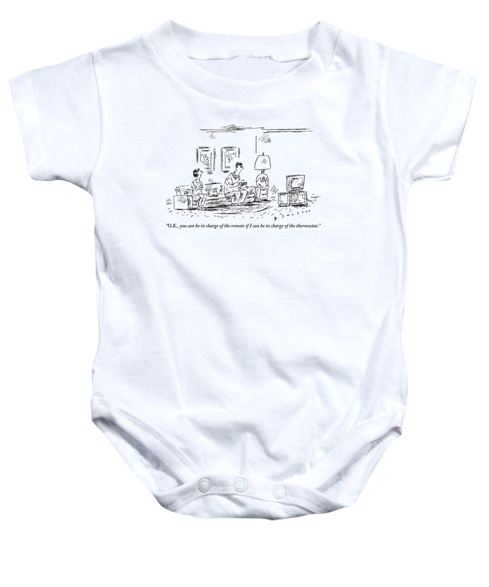 Fights - Marital Baby Onesie featuring the drawing A Husband And His Frustrated Wife Sit by Barbara Smaller
