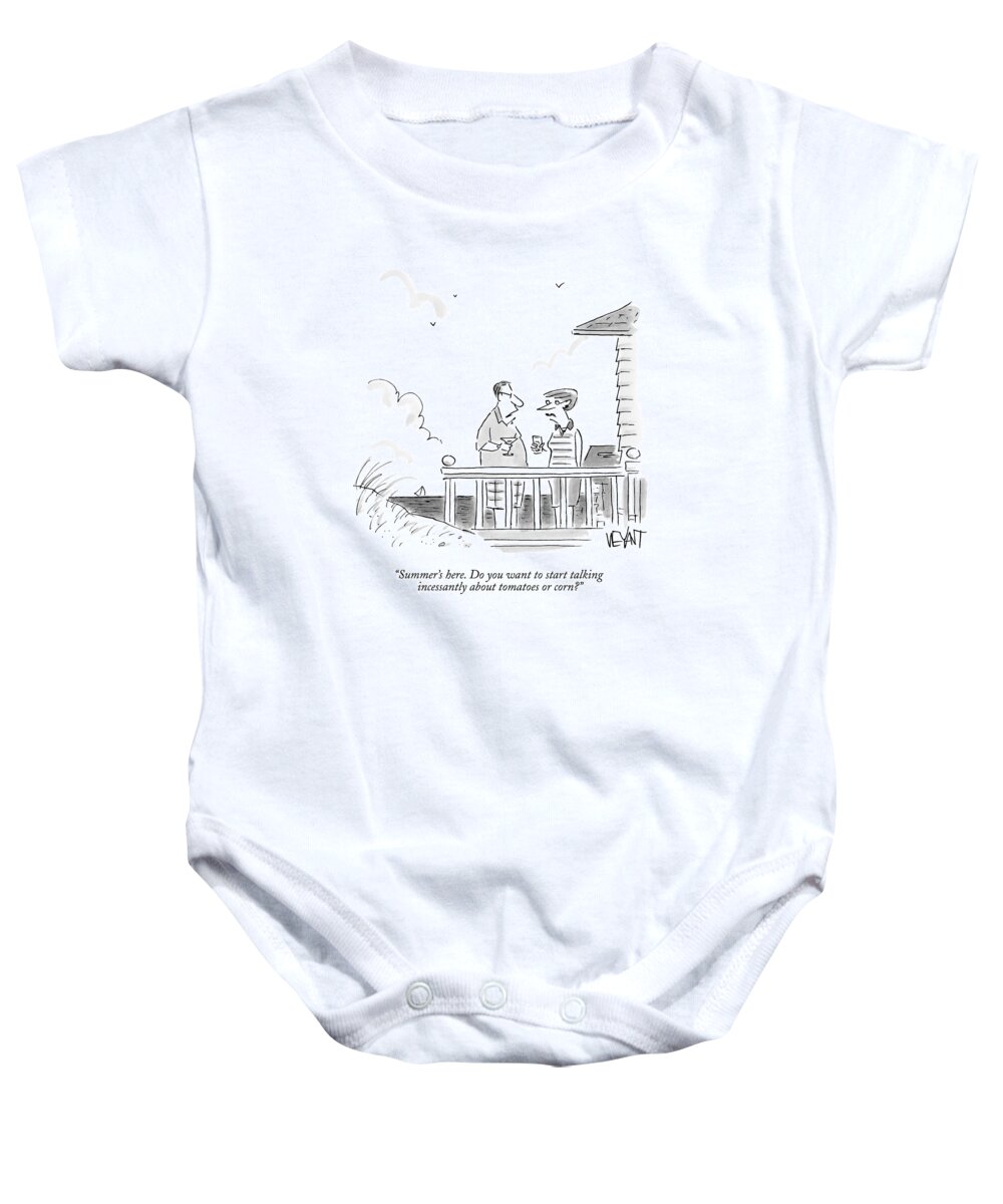 Couples Baby Onesie featuring the drawing A Husband Talks To A Wife On A Porch Of A Beach by Christopher Weyant