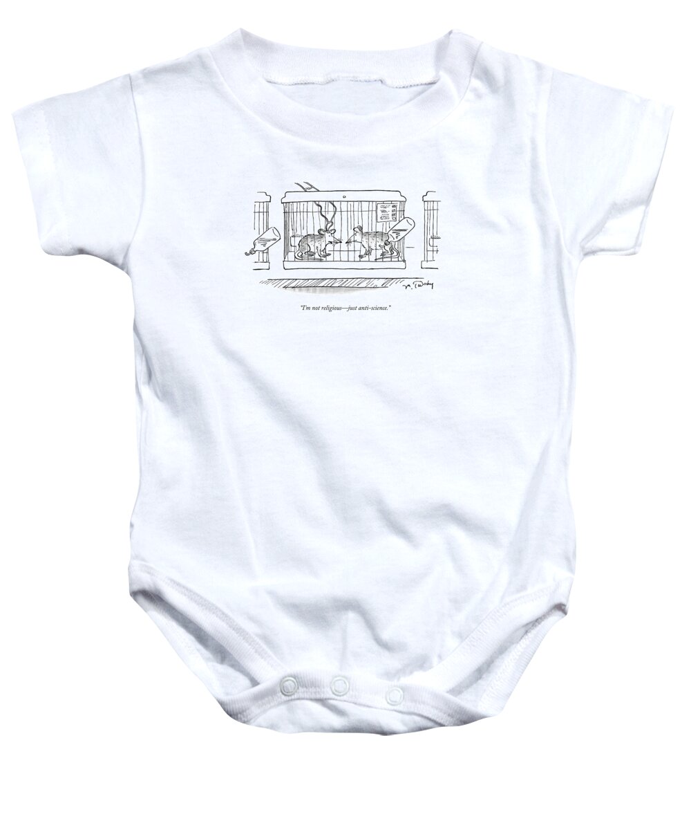Animal Testing Baby Onesie featuring the drawing A Lab Rat With Electrodes On His Head Talks by Mike Twohy