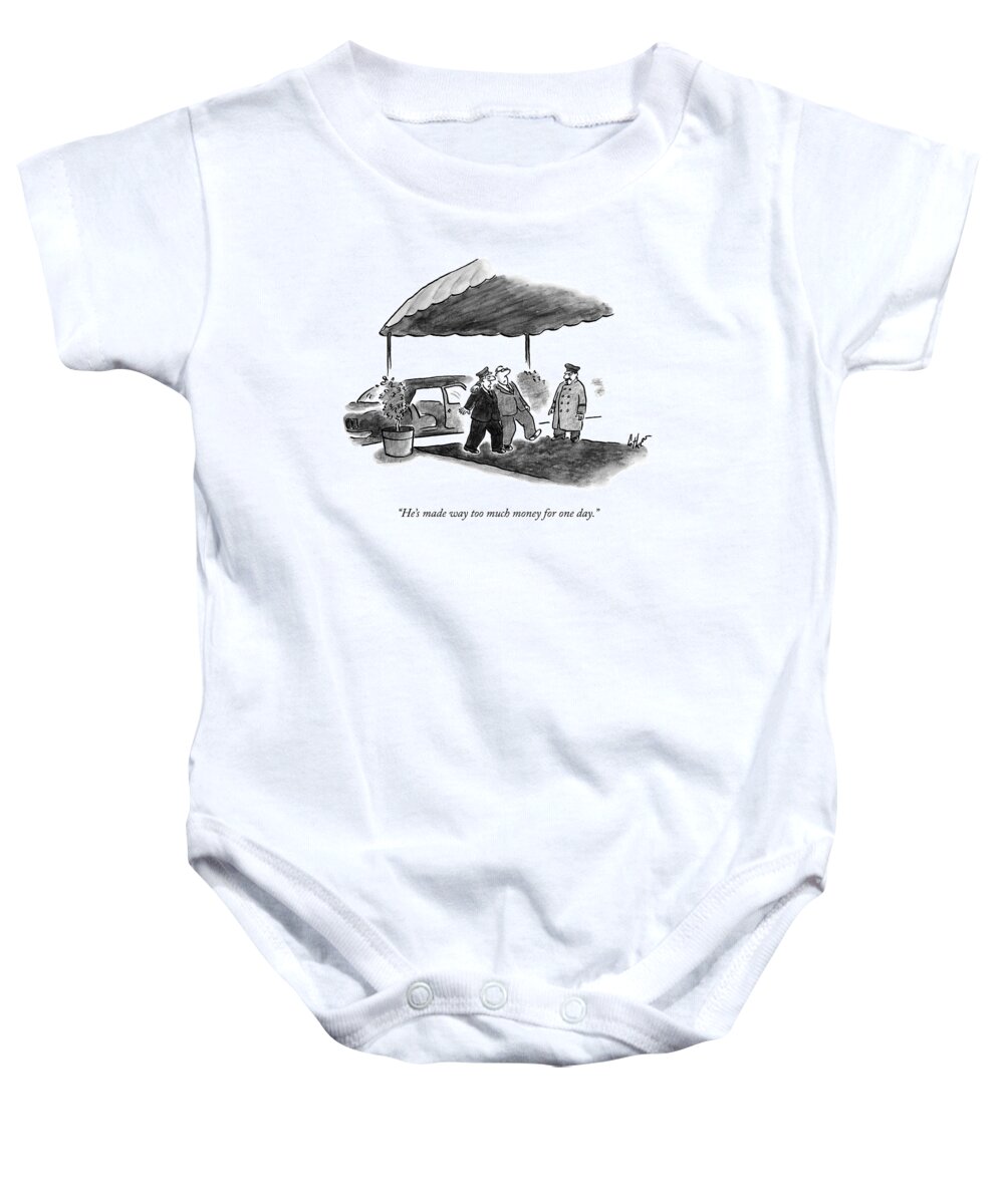 Drunk Baby Onesie featuring the drawing A Limousine Driver Helps A Drunk-looking Ceo Walk by Frank Cotham