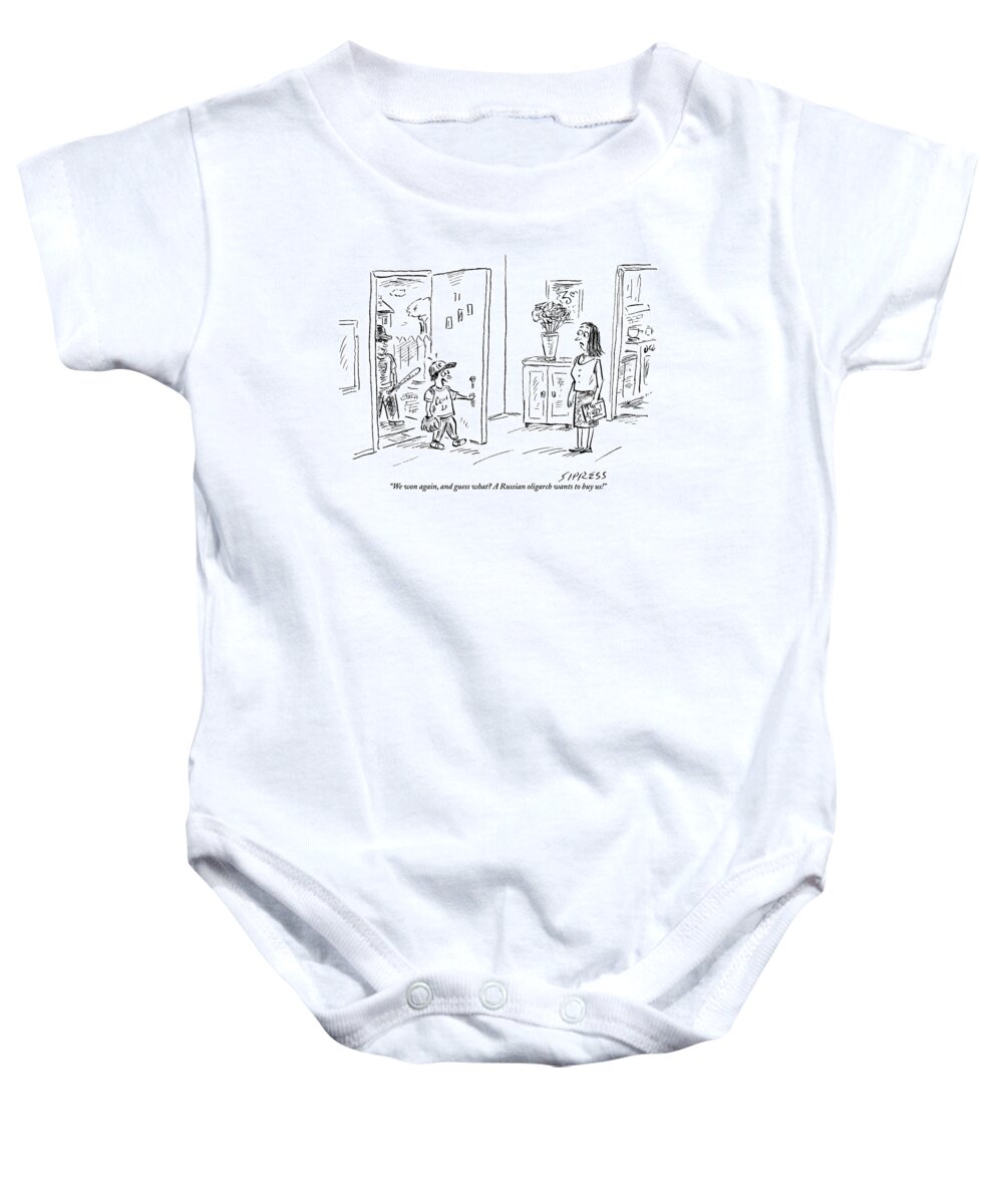 Baseball Baby Onesie featuring the drawing A Little Boy Dressed In His Baseball Uniform by David Sipress