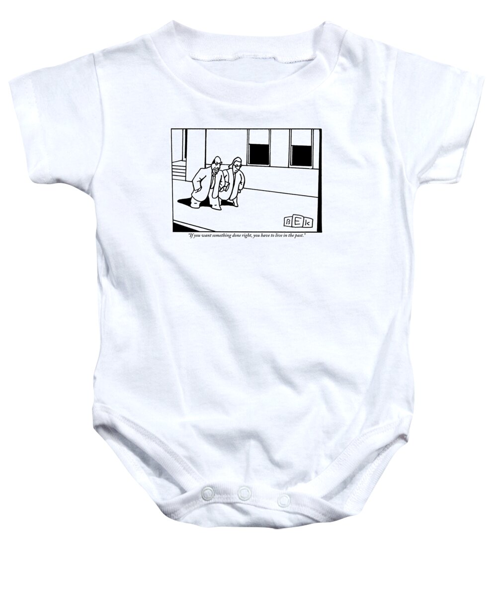 Right Baby Onesie featuring the drawing A Man And A Woman Are Seen Speaking And Walking by Bruce Eric Kaplan