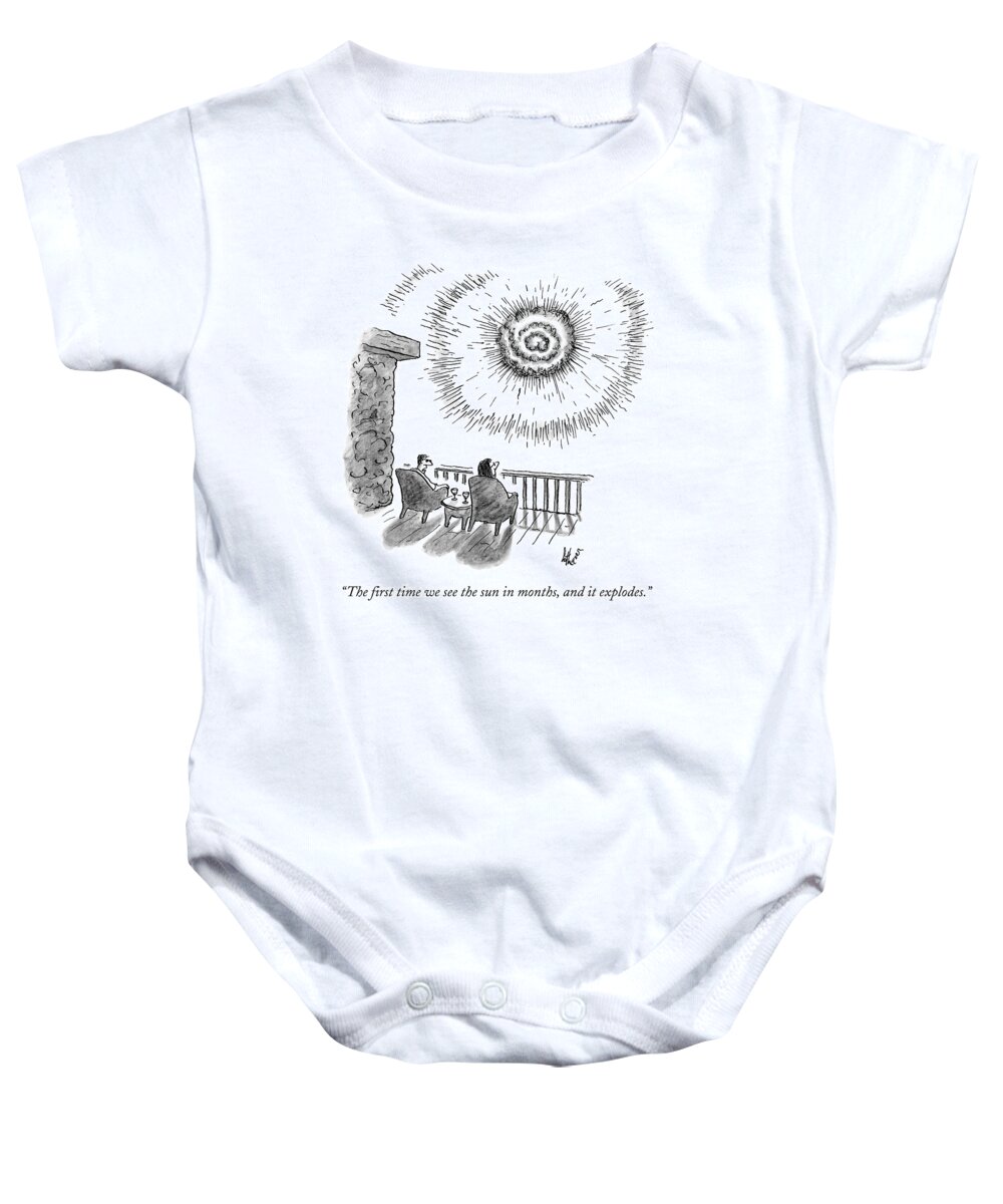 Apocalypse Baby Onesie featuring the drawing A Man And Woman Sit In Front Of An Exploding Sun by Frank Cotham