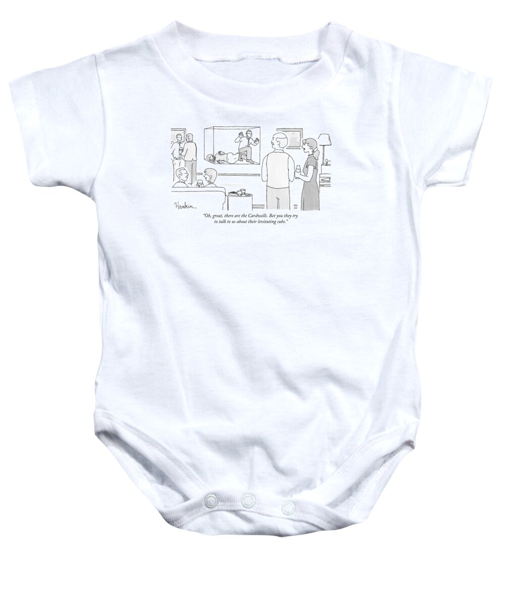 Levitating Baby Onesie featuring the drawing A Man And Woman Speak To Each Other At A Party by Charlie Hankin
