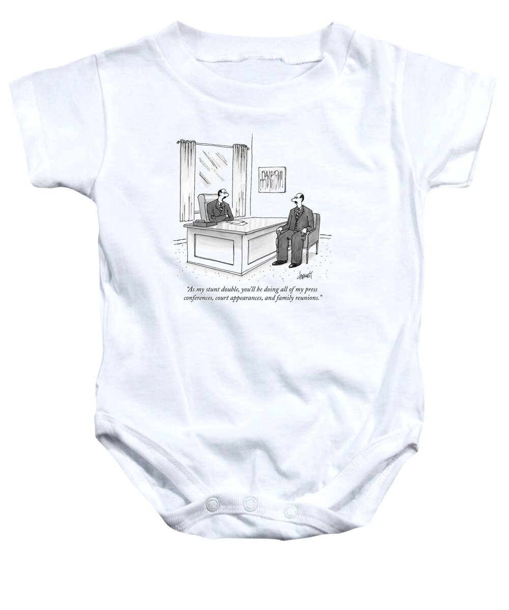 Clones Baby Onesie featuring the drawing A Man At A Desk Talks To His Apparent Clone by Tom Cheney