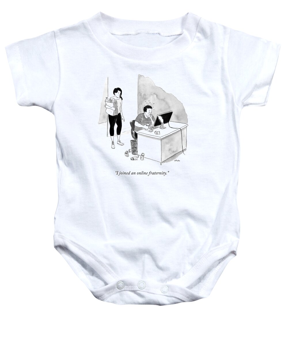 Frat Baby Onesie featuring the drawing A Man Chugs Beers In Front Of His Laptop by Emily Flake