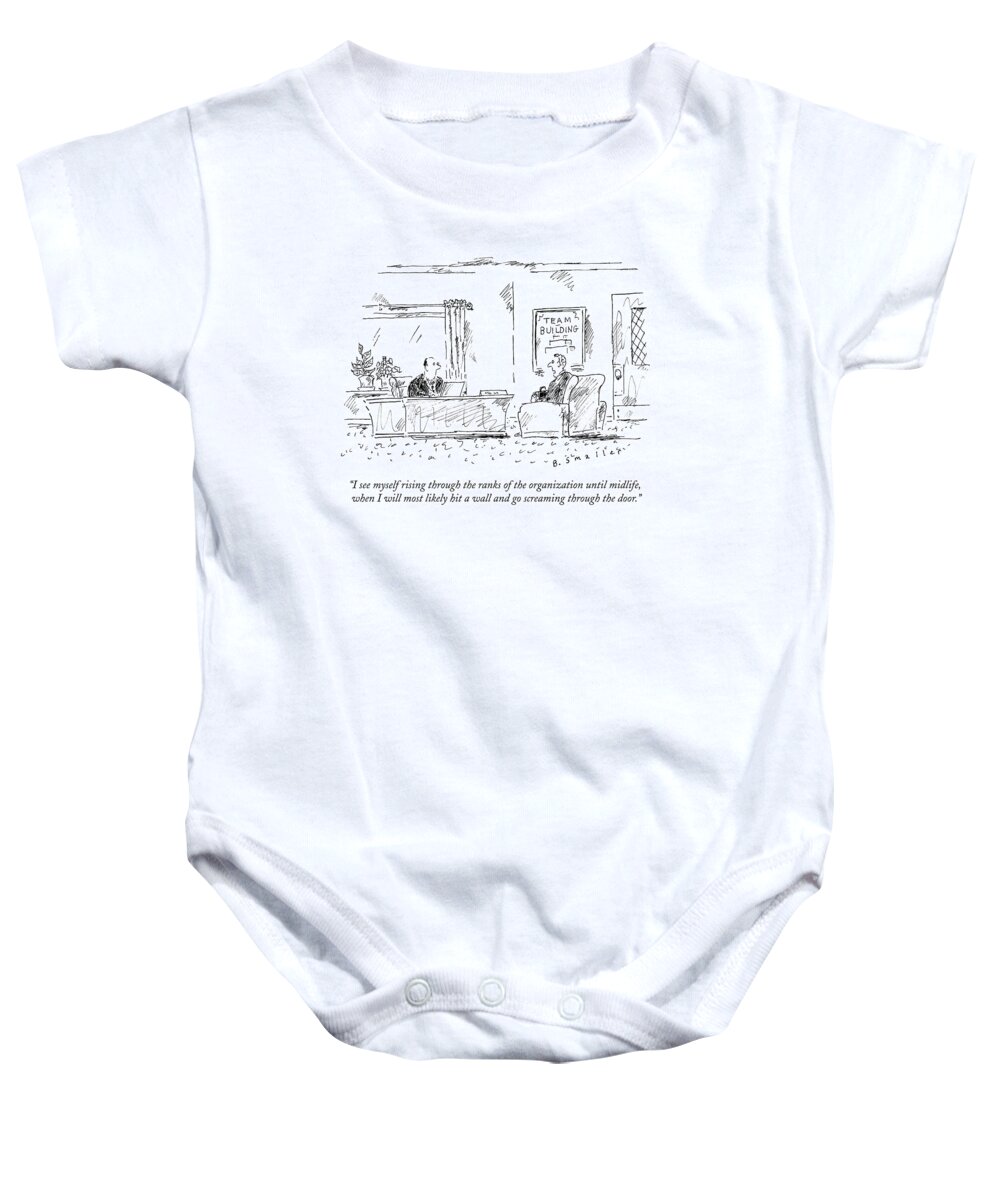 #condenastnewyorkercartoon Baby Onesie featuring the drawing A Man Interviews For A Job by Barbara Smaller