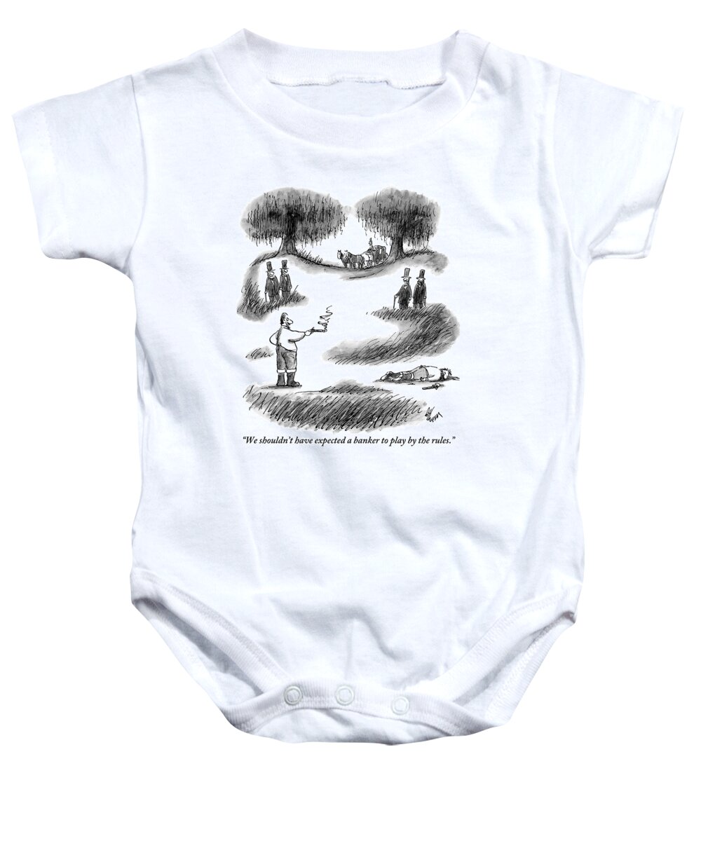 Duel Baby Onesie featuring the drawing A Man Is Seen With A Smoking Gun Standing by Frank Cotham