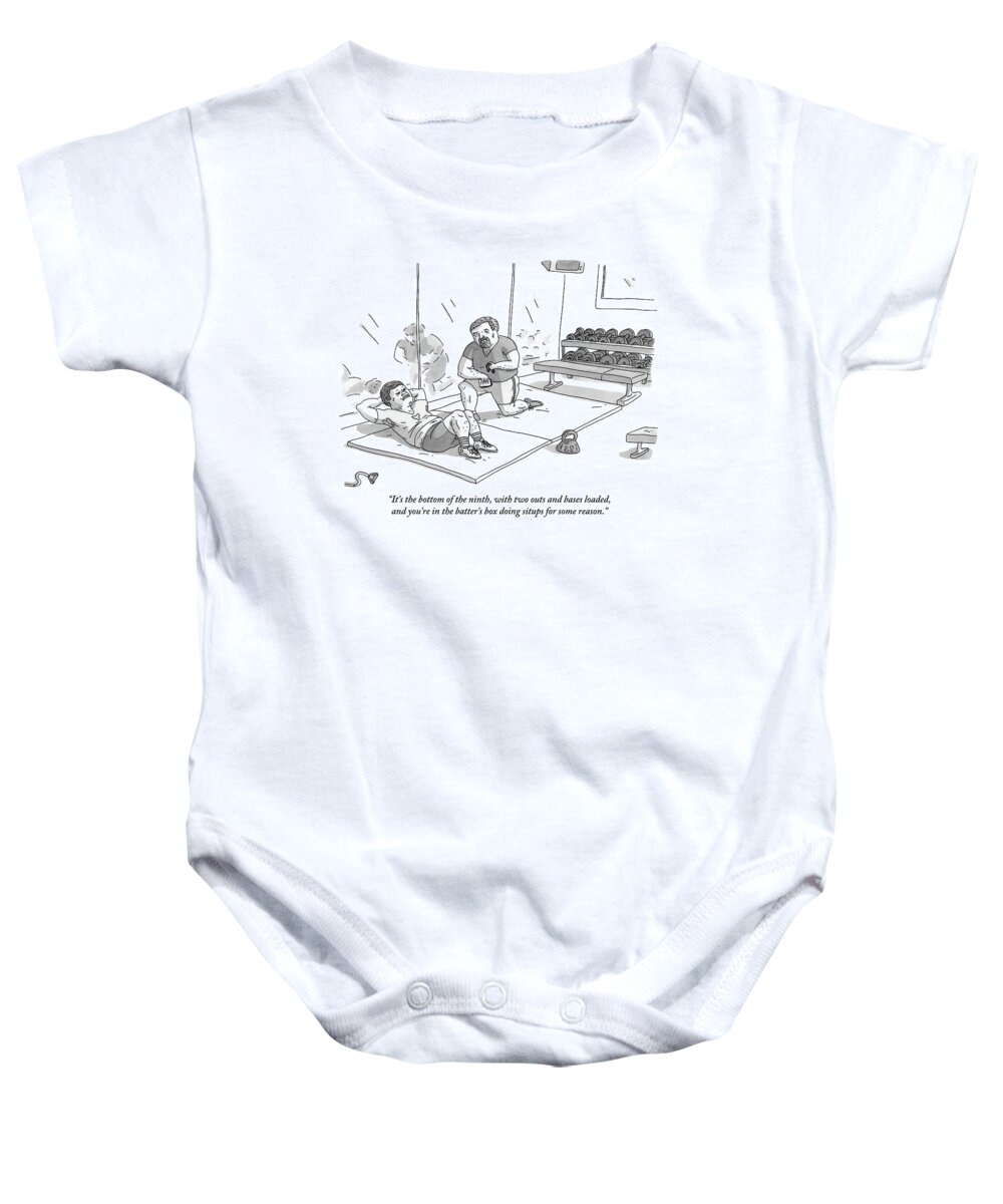 Exercise Baby Onesie featuring the drawing A Man Is Struggling To Do Situps While A Personal by Zachary Kanin