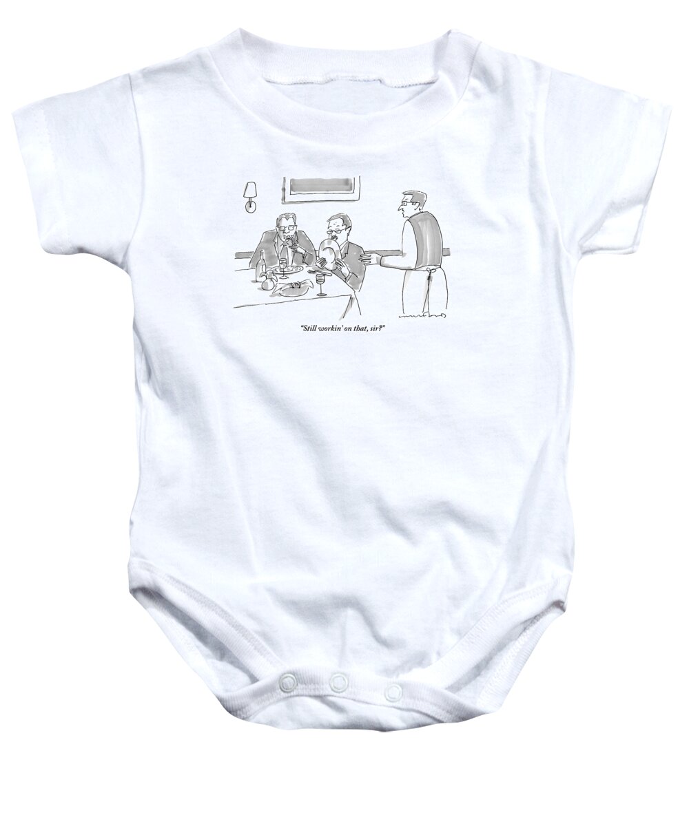 Restaurants Baby Onesie featuring the drawing A Man Licks His Plate Clean At A Restaurant by Michael Crawford
