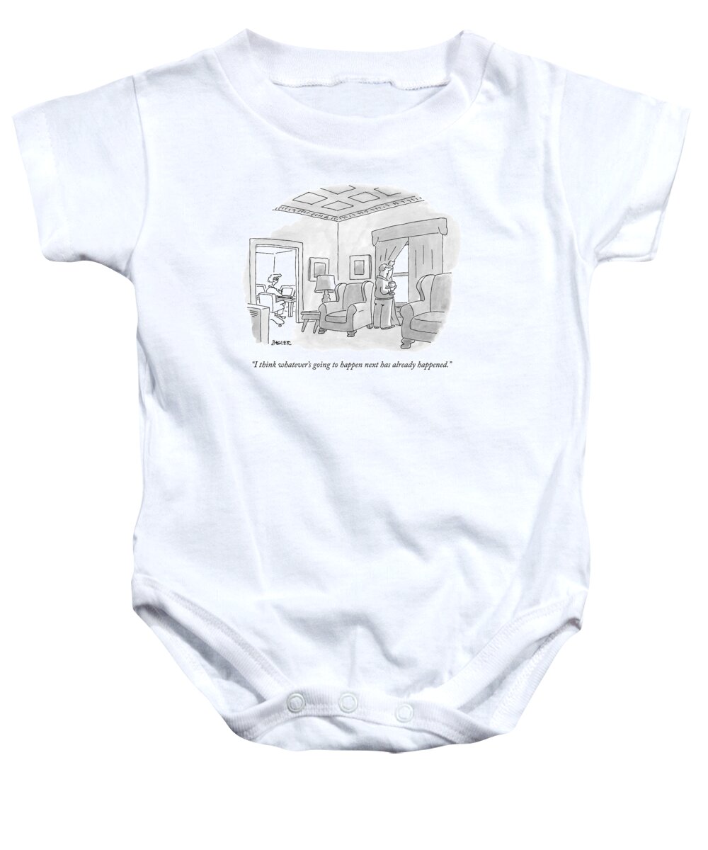 Trends Baby Onesie featuring the drawing A Man, Looking Out His Living Room Window, Speaks by Jack Ziegler