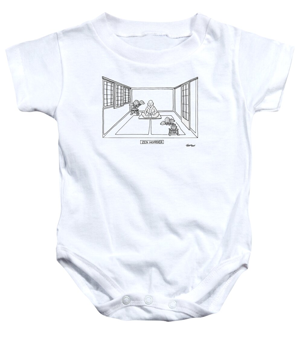Hoarder Baby Onesie featuring the drawing A Man Meditates In The Middle Of A Sparse Room by Mark Thompson