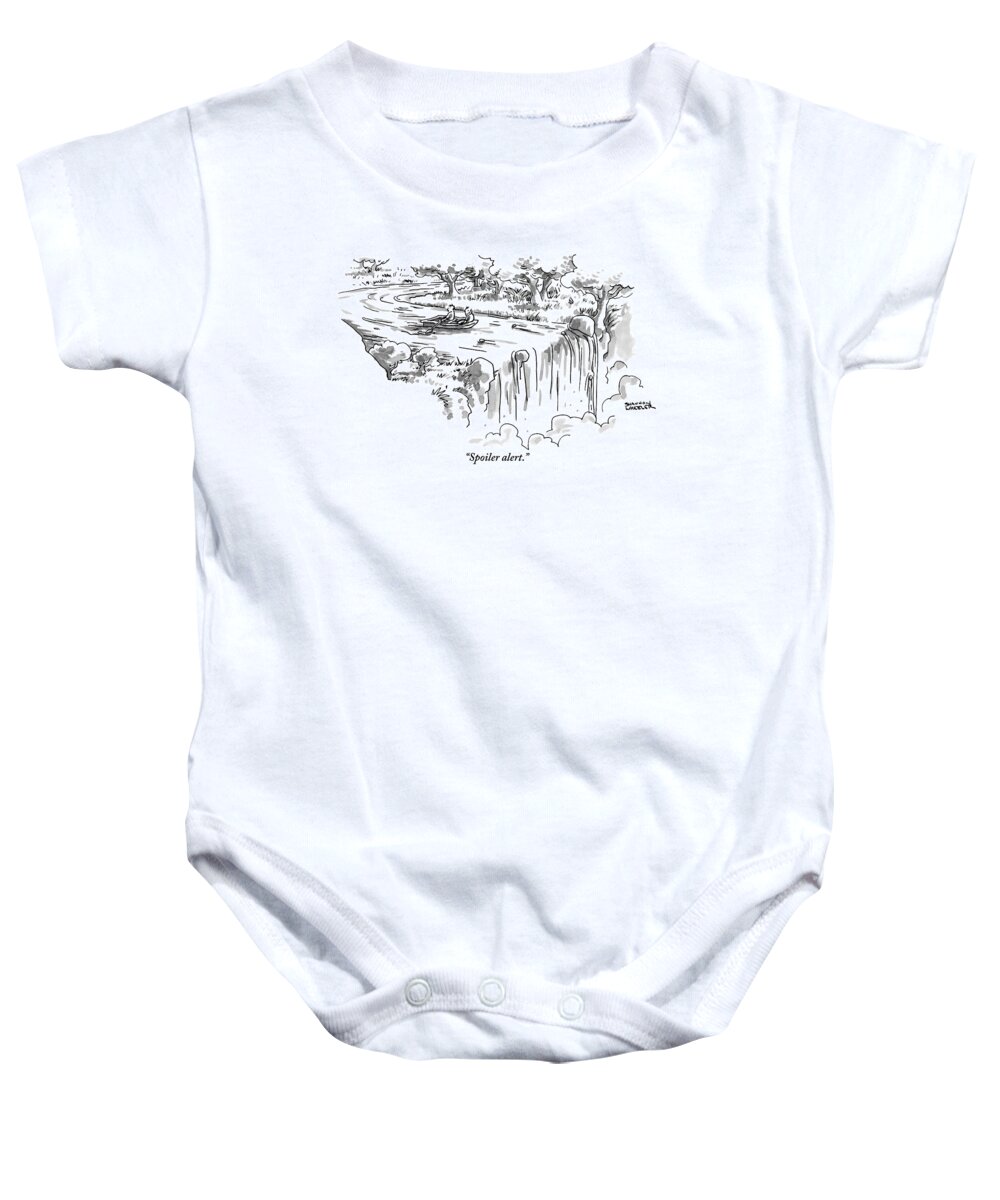 Waterfalls Baby Onesie featuring the drawing A Man Paddles Backwards In A Small Boat by Shannon Wheeler