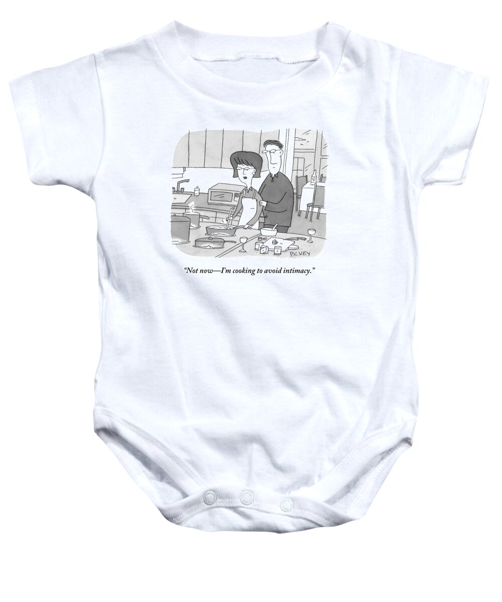 Sex Baby Onesie featuring the drawing A Man Rubs The Back Of A Woman As She Prepares by Peter C. Vey