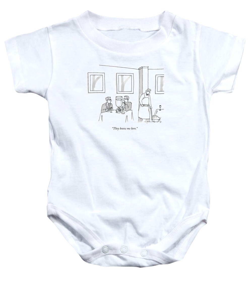 Alcohol Baby Onesie featuring the drawing A Man Sits At A Restaurant Table With An Enormous by Michael Crawford
