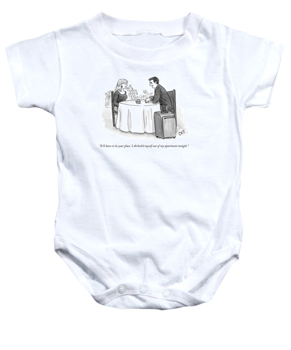 Air B N' B Baby Onesie featuring the drawing A Man Speaks To A Woman On A Date At A Restaurant by Carolita Johnson