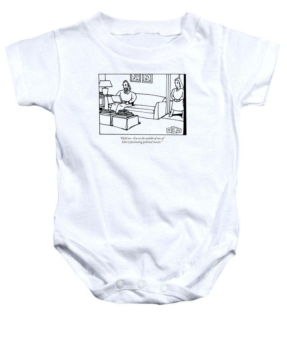 Twitter Baby Onesie featuring the drawing A Man Using A Laptop On A Couch Talks To A Woman by Bruce Eric Kaplan