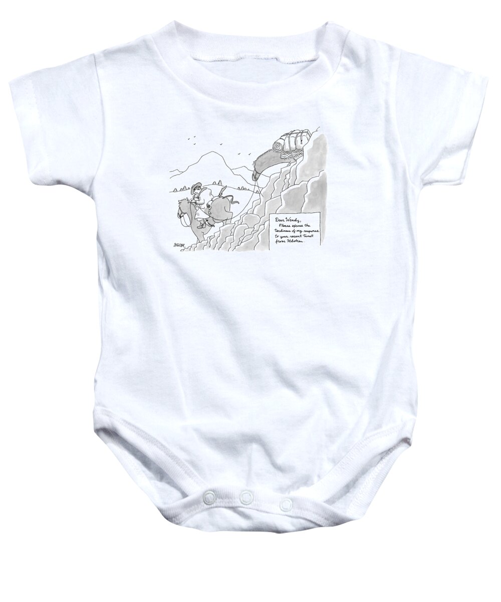 Tweet Baby Onesie featuring the drawing A Man Wearing Cowboy Attire Rides His Horse by Jack Ziegler