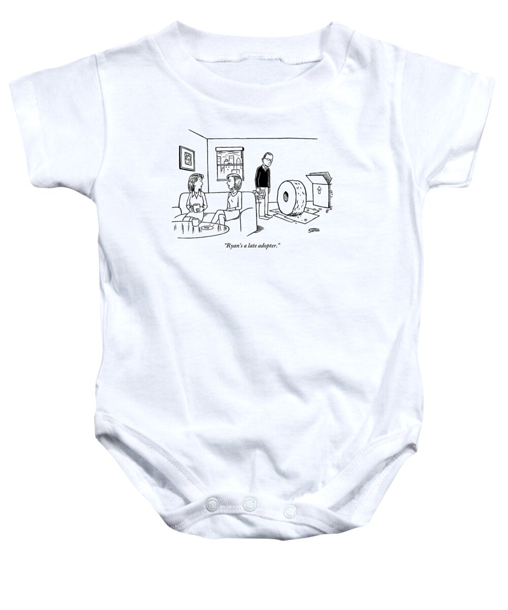 Technology Baby Onesie featuring the drawing A Man Who Has Just Begun Using The Wheel by Ward Sutton