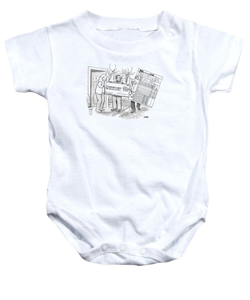 Taxes Baby Onesie featuring the drawing A Man With A Giant Sweepstakes Check by Benjamin Schwartz