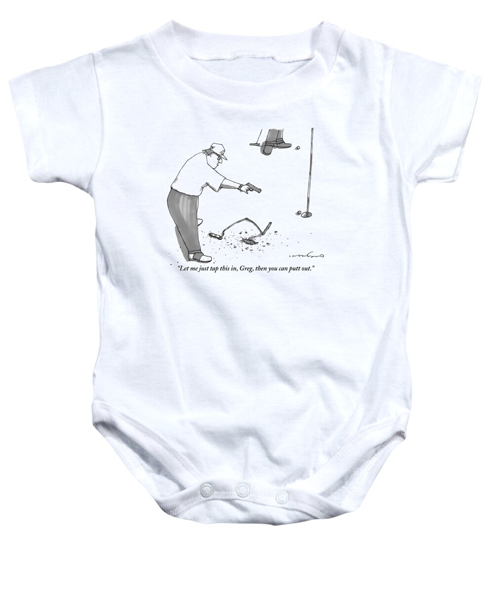 Golf Baby Onesie featuring the drawing A Man With A Handgun Is Talking And Aiming by Michael Crawford