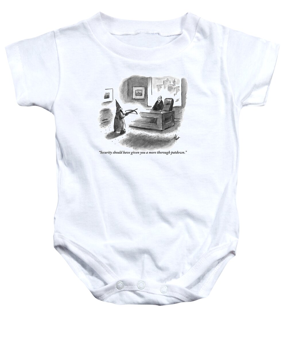 Security Baby Onesie featuring the drawing A Medieval Man Aims A Crossbow At An Executive by Frank Cotham