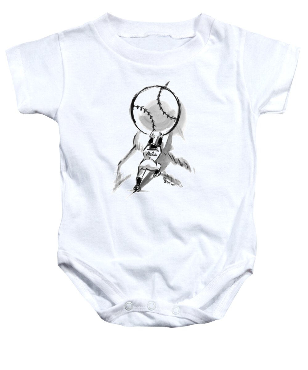 Sisyphus Baby Onesie featuring the drawing A Mets Player Pushes A Giant Baseball by Lee Lorenz