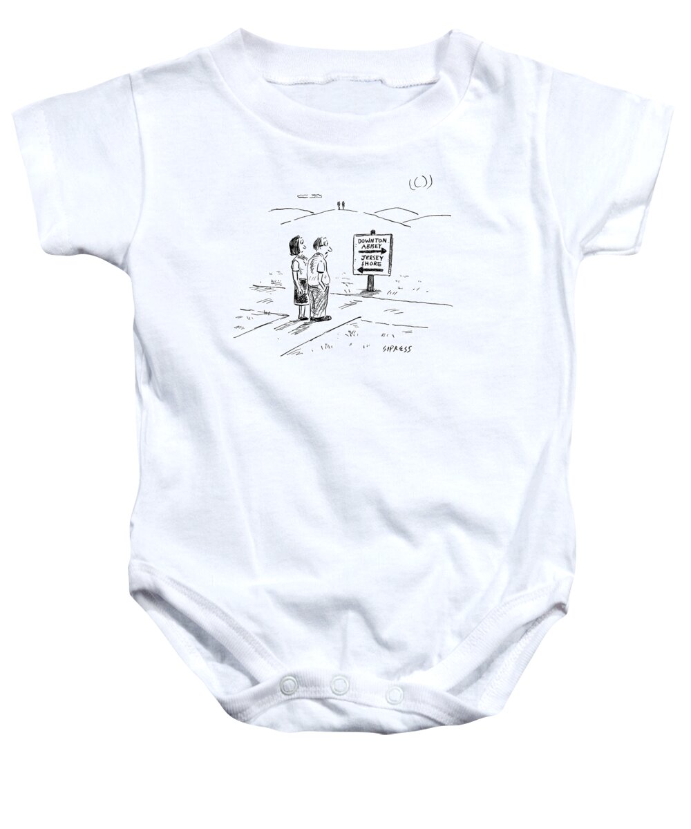 Downton Abbey. Jersey Shore. Tv-reality Baby Onesie featuring the drawing A Middle-aged Couple Stand At A Road Sign by David Sipress
